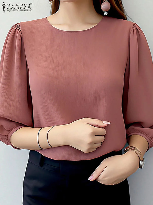 Elegant Puff Sleeve Crinkled Blouse Women