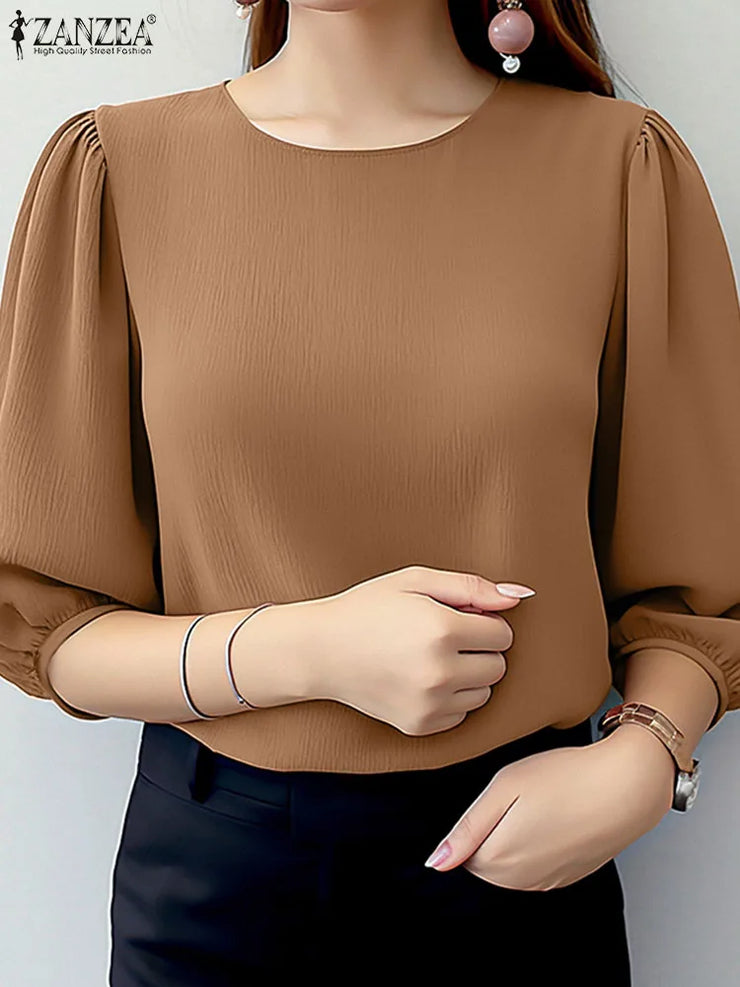 Elegant Puff Sleeve Crinkled Blouse Women