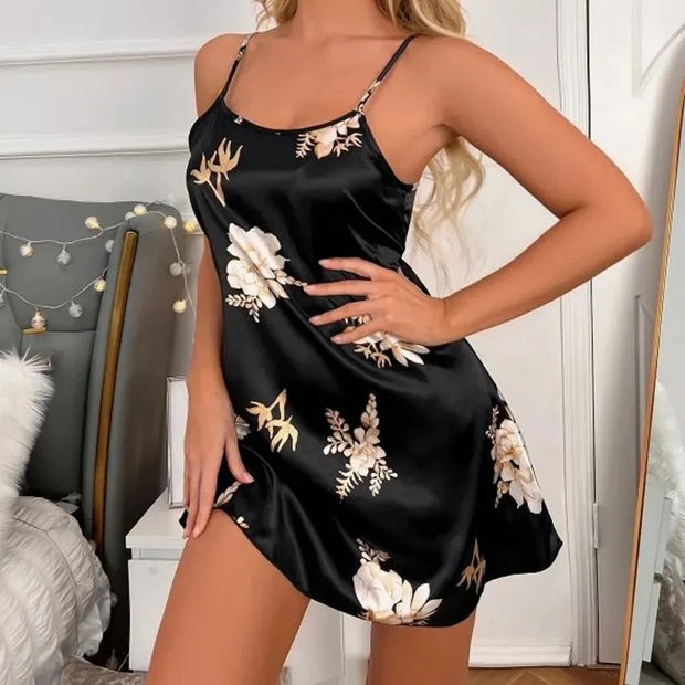 Sexy Black Floral Silk Nightdress for Women