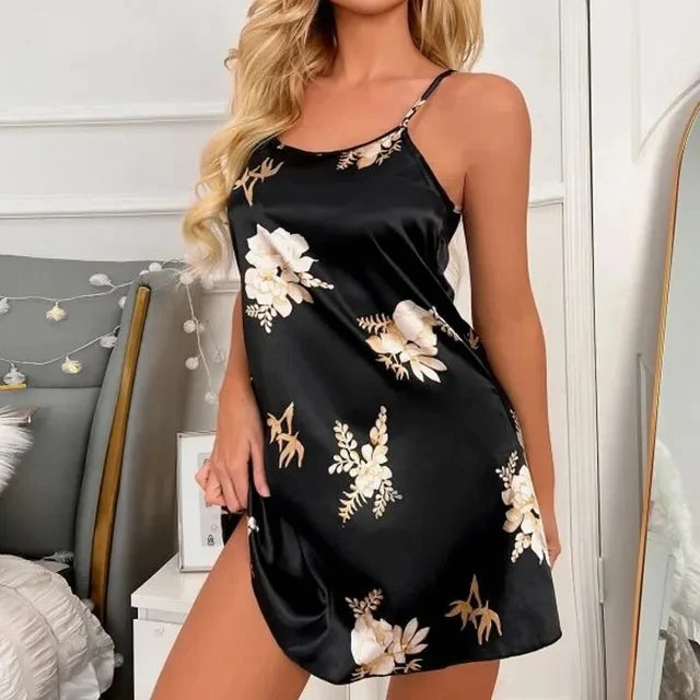 Sexy Black Floral Silk Nightdress for Women