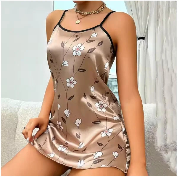 Sexy Black Floral Silk Nightdress for Women