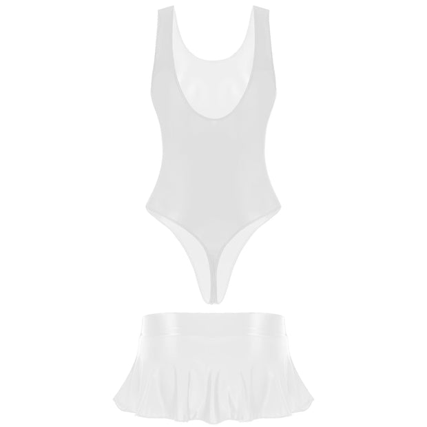 Glossy Two-Piece Swimsuit with Skirt Women