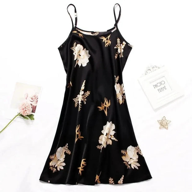 Sexy Black Floral Silk Nightdress for Women