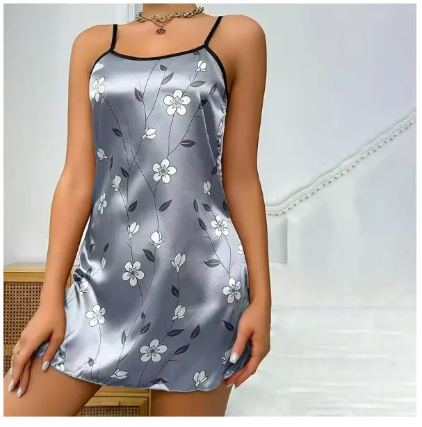 Sexy Black Floral Silk Nightdress for Women