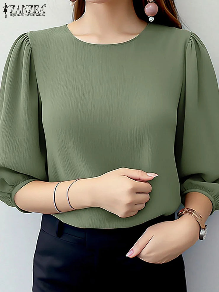 Elegant Puff Sleeve Crinkled Blouse Women