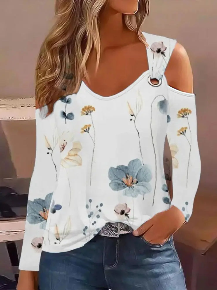 Denim Print Cold Shoulder Blouse for Women
