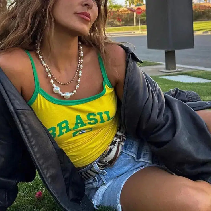 Brazil Letter 90s Crop Top T-Shirt Women