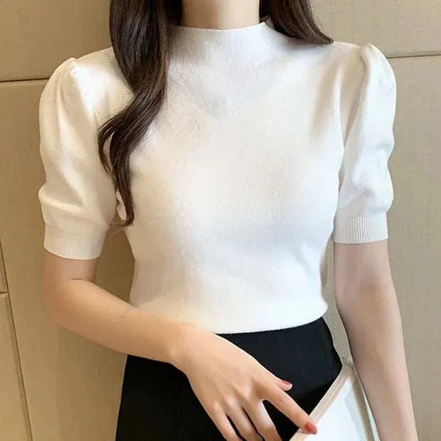 Korean Puff Sleeve Knitted Blouse for Women