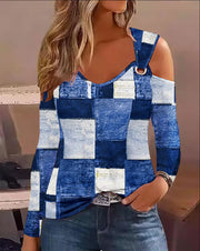 Denim Print Cold Shoulder Blouse for Women