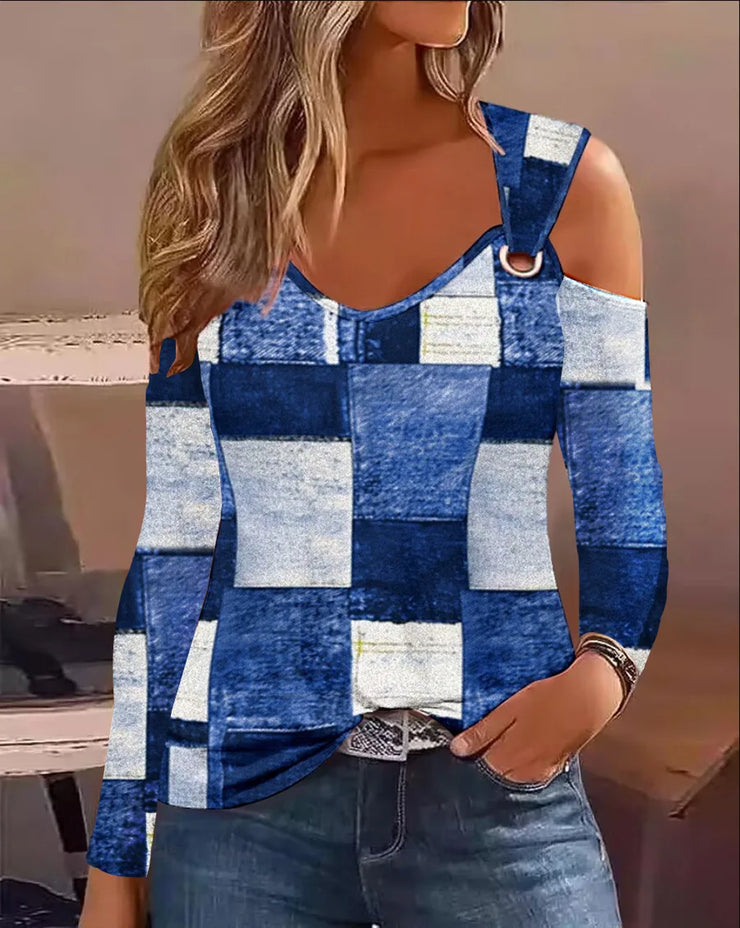 Denim Print Cold Shoulder Blouse for Women