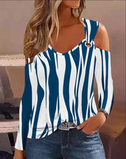 Denim Print Cold Shoulder Blouse for Women