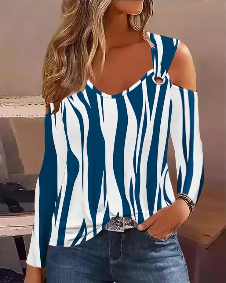 Denim Print Cold Shoulder Blouse for Women