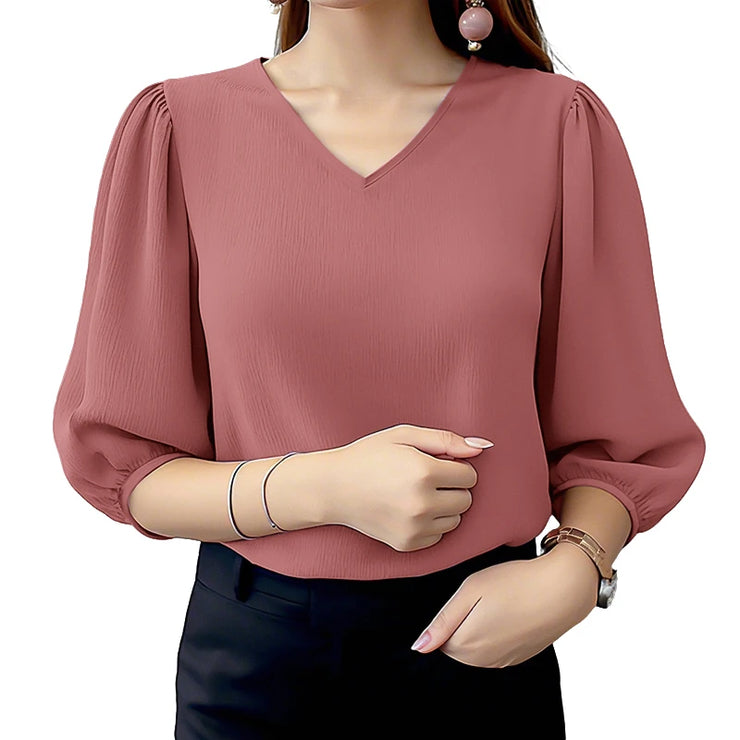 Elegant Puff Sleeve Crinkled Blouse Women