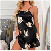 Sexy Black Floral Silk Nightdress for Women